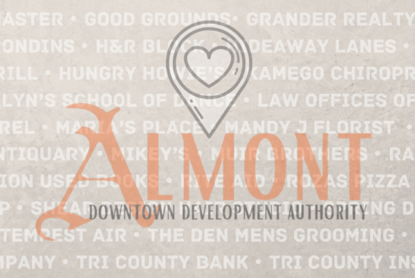 Almont Downtown Development Authority logo with local businesses.