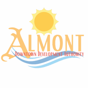 Almont Downtown Development Authority logo with sun and waves.