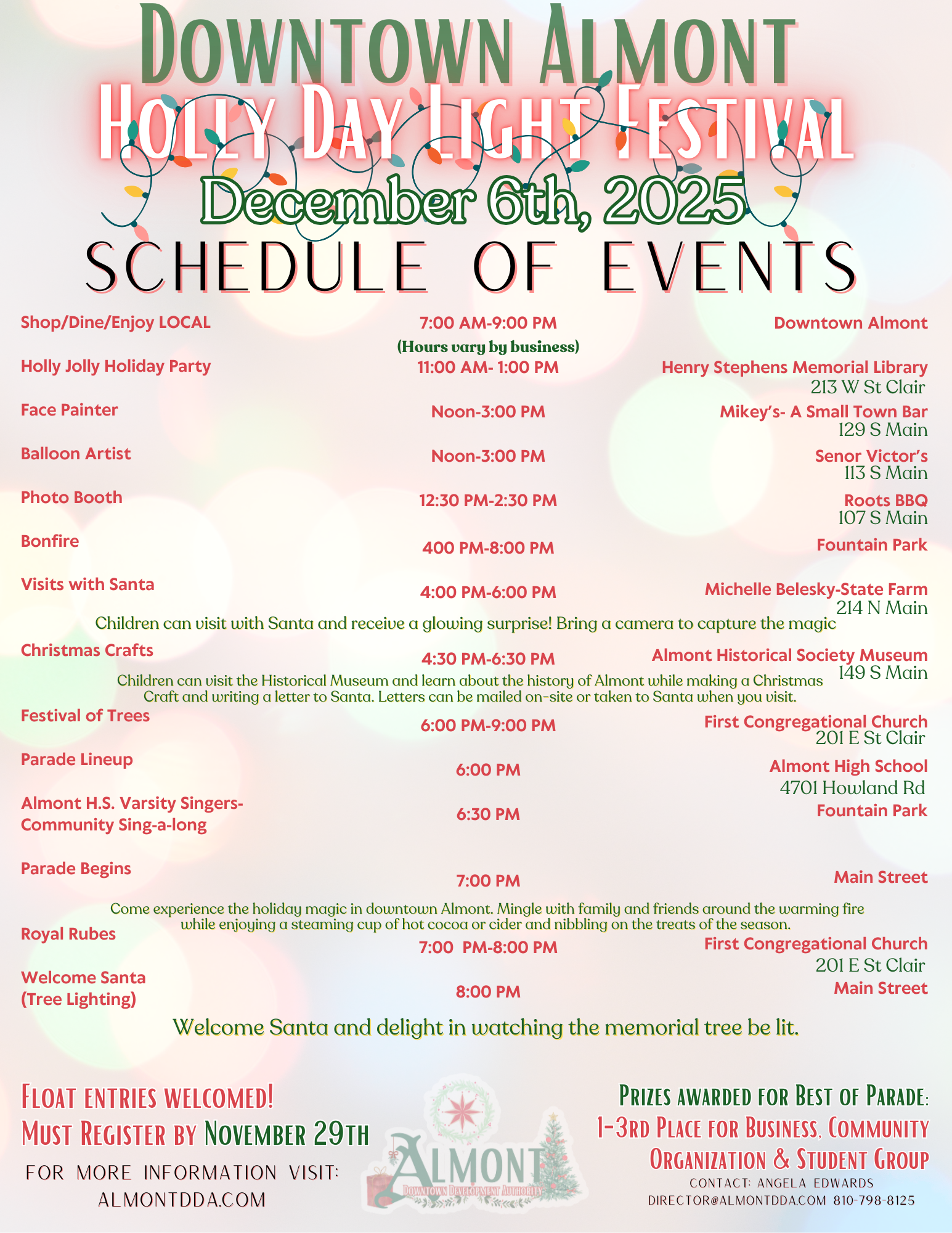 Holly Day Light Festival schedule and events, December 2025.