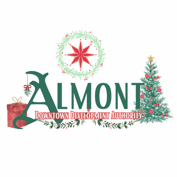 Almont Christmas logo with tree and wreath.