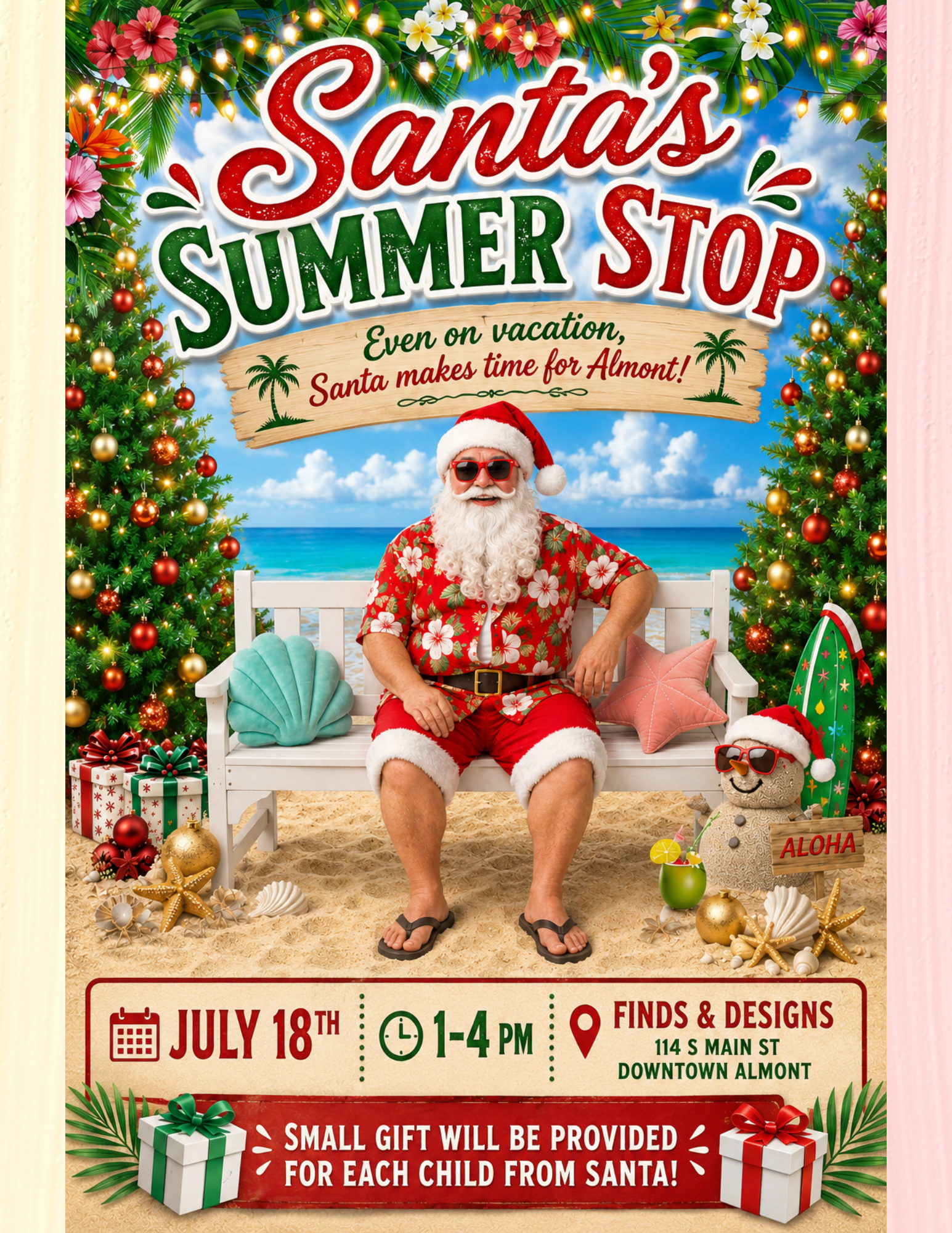 Santa in Hawaiian shirt on tropical beach