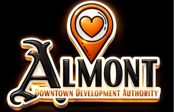 Almont Downtown Development Authority logo with heart pin