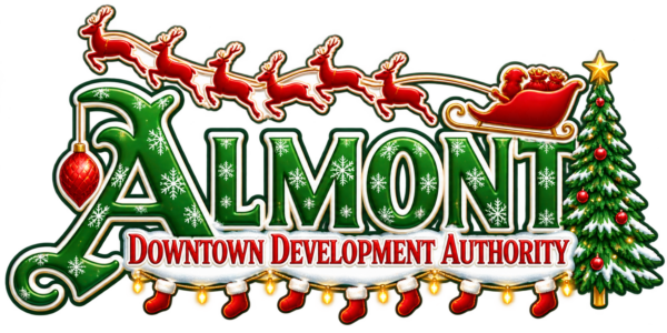 Christmas-themed Almont Downtown Development Authority logo with Santa's sleigh