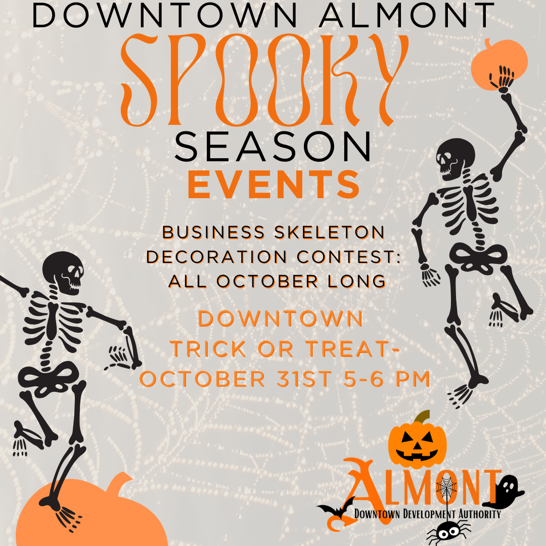 Downtown Almond spooky season events poster with dancing skeletons