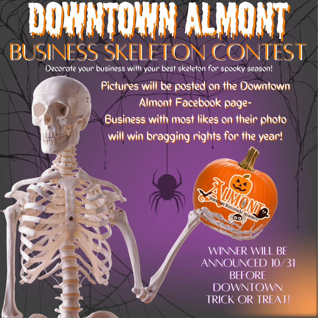 Downtown Almont Business Skeleton Contest Halloween flyer
