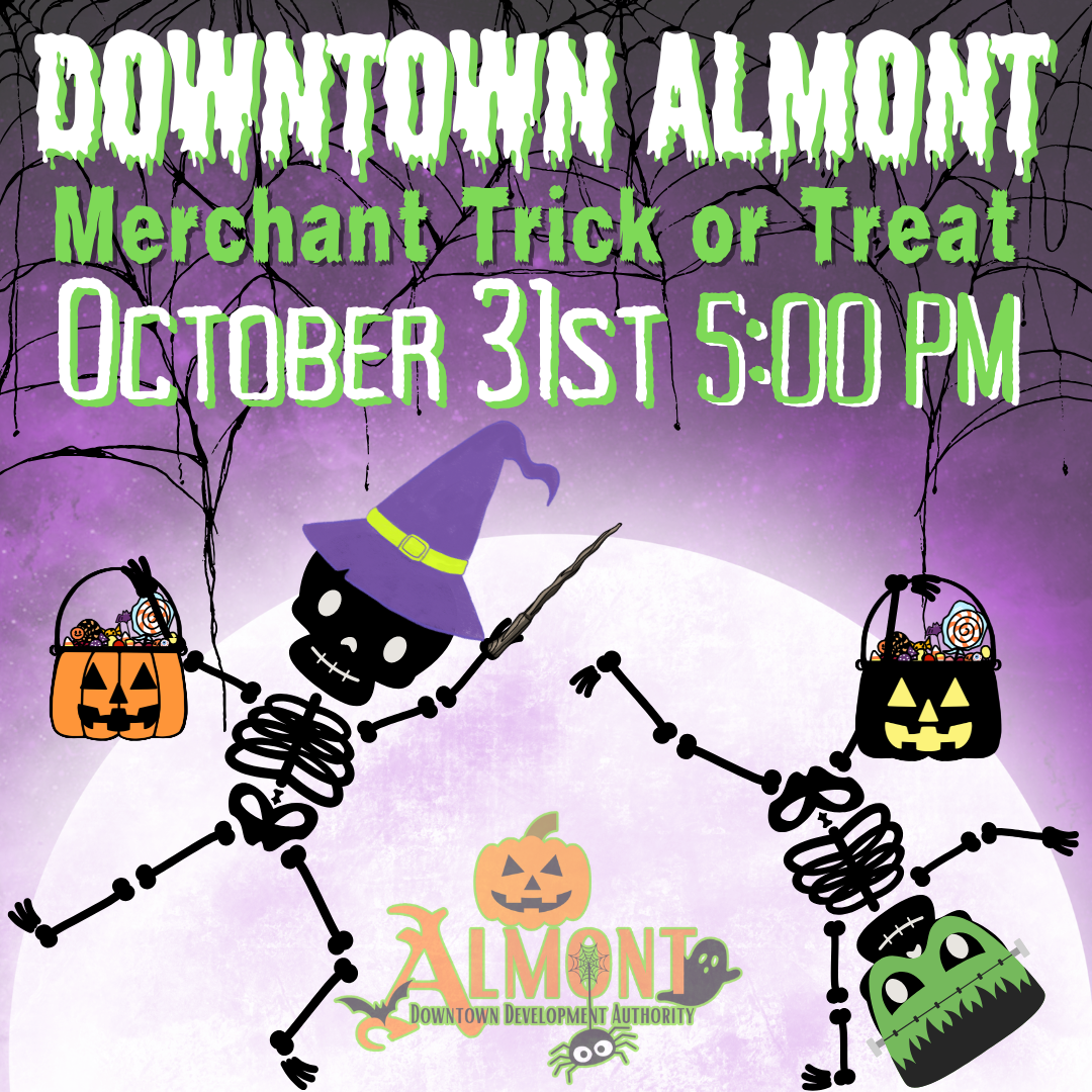 Downtown Almont Halloween merchant trick-or-treat event poster
